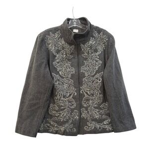 Chicos Gray Wool Blend Beaded‎ Sequin Floral Embroidered Jacket Size 4 US 20/22